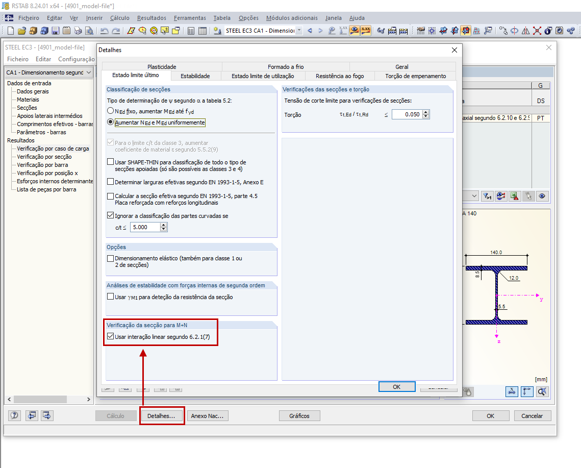 Ativação da interação linear da força axial e do momento resistente