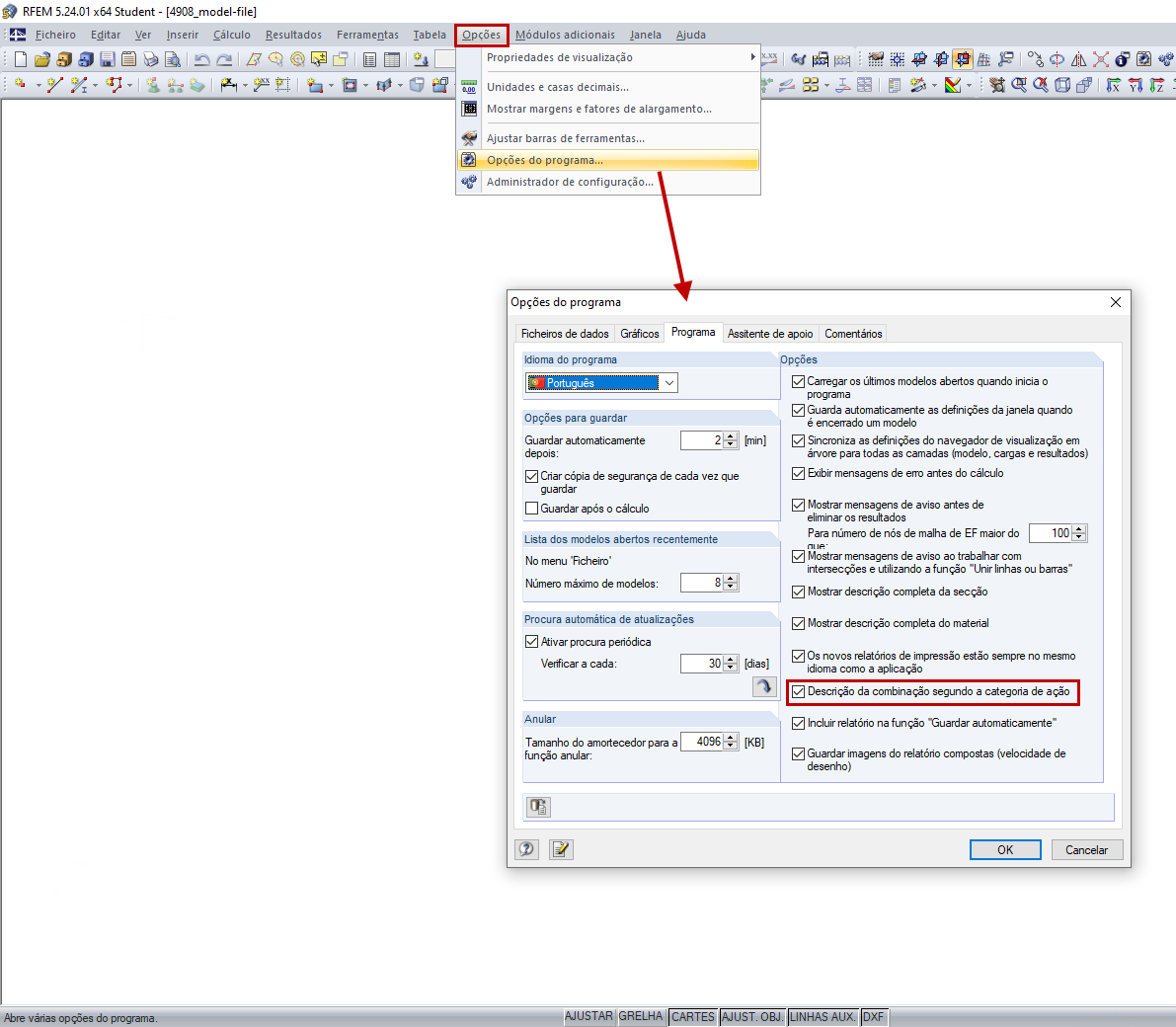 Opção de descrição da combinação de carga