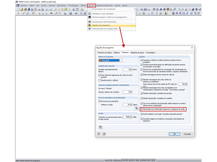 Opção de descrição da combinação de carga