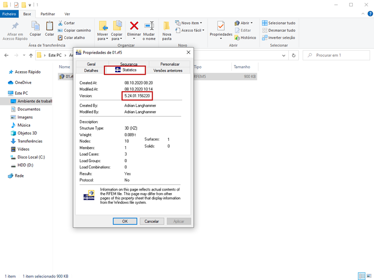 Informações sobre a versão do programa no Windows → Propriedades → Estatísticas