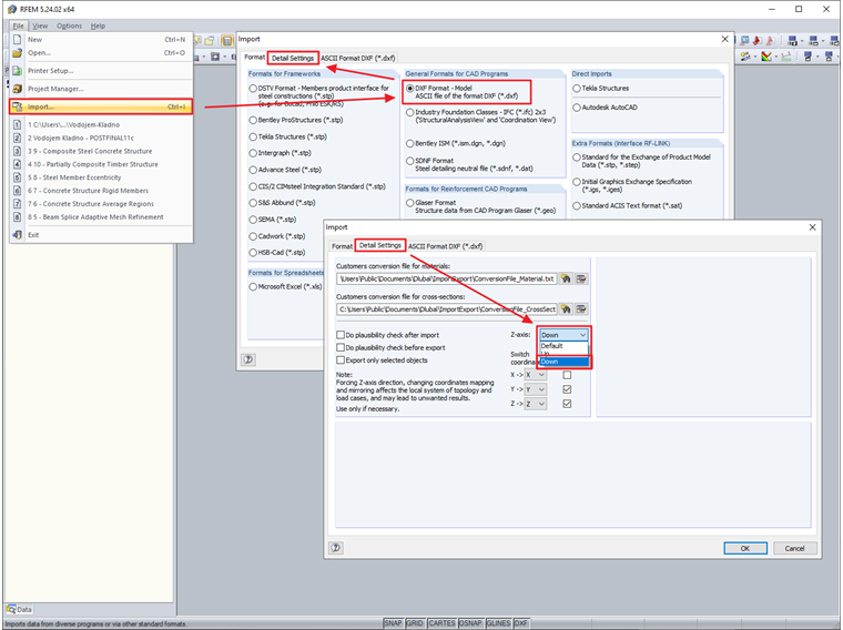 Detalhes da configuração DXF → Eixo Z: Em baixo