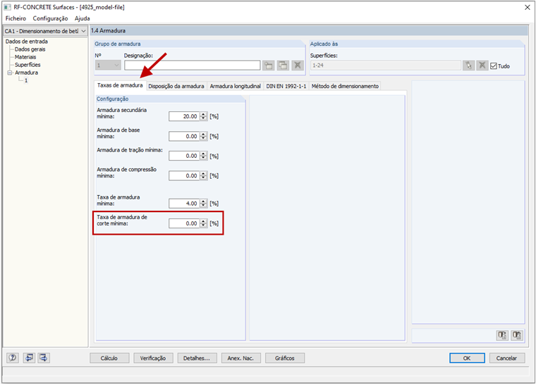 Janela 1.4 - Relações de armadura: Taxa de armadura de corte mínima