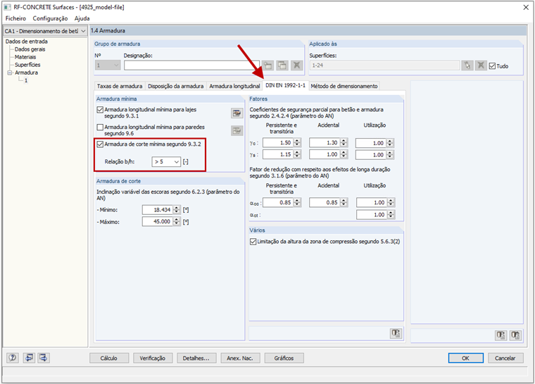 Janela 1.4 - DIN EN 1992-1-1: Armadura de corte mínima
