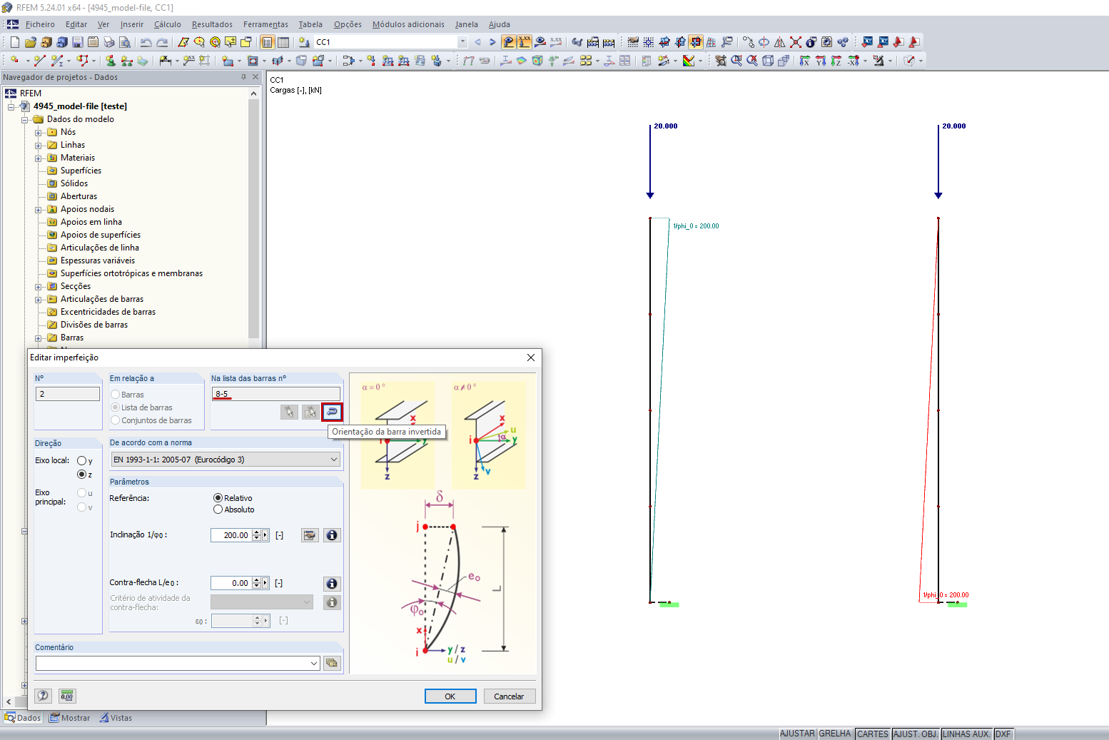 Editar imperfeição – Orientação da barra invertida