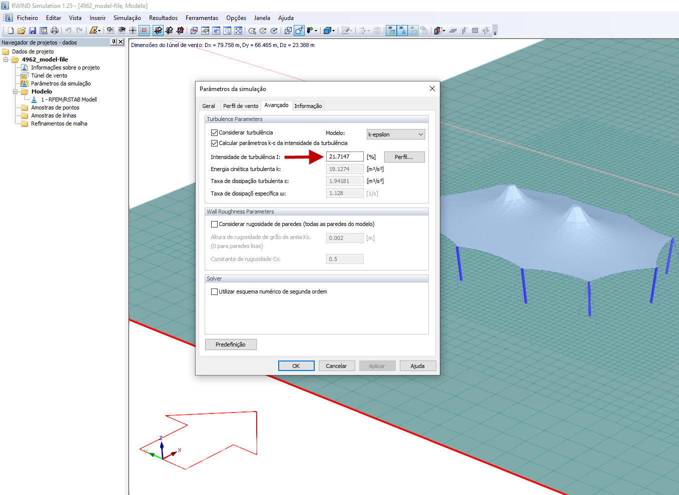 Valor de entrada da intensidade de turbulência
