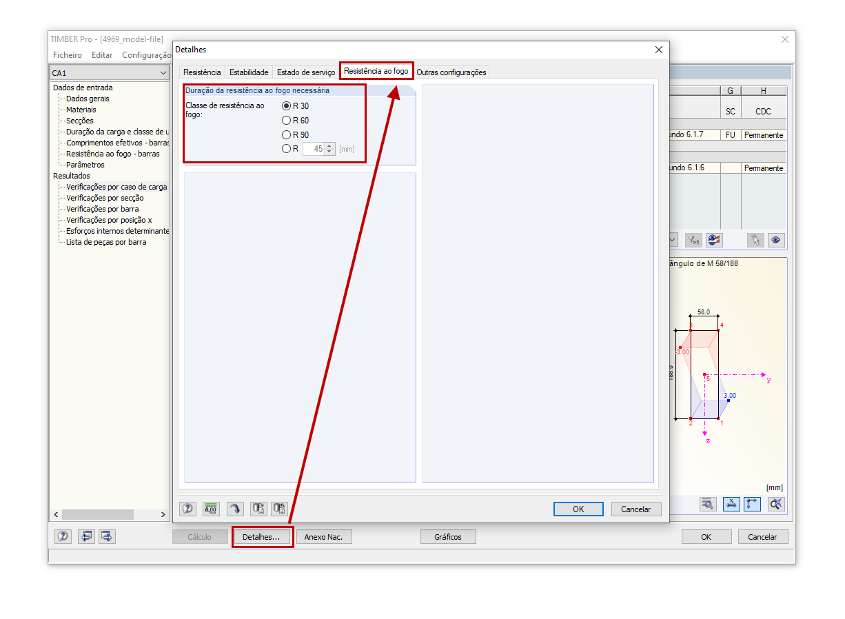 Configuração da classe de resistência ao fogo