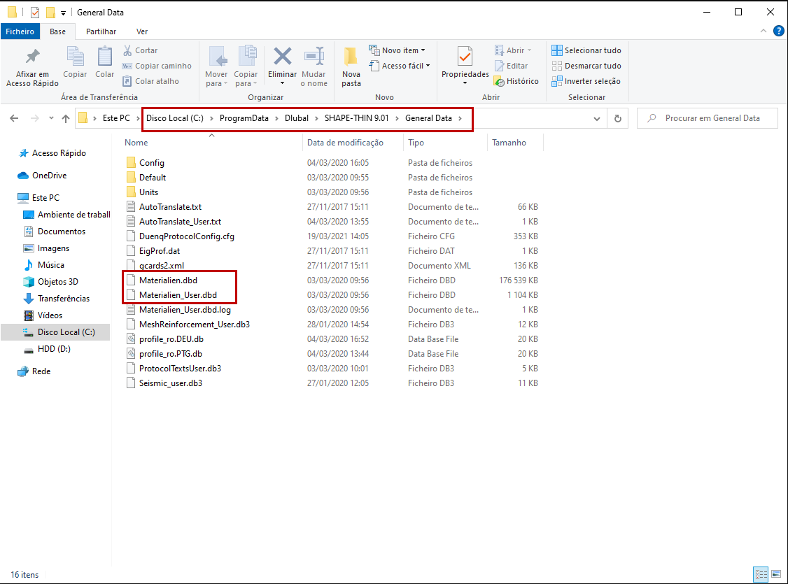 Ficheiros de material necessários para o SHAPE-THIN