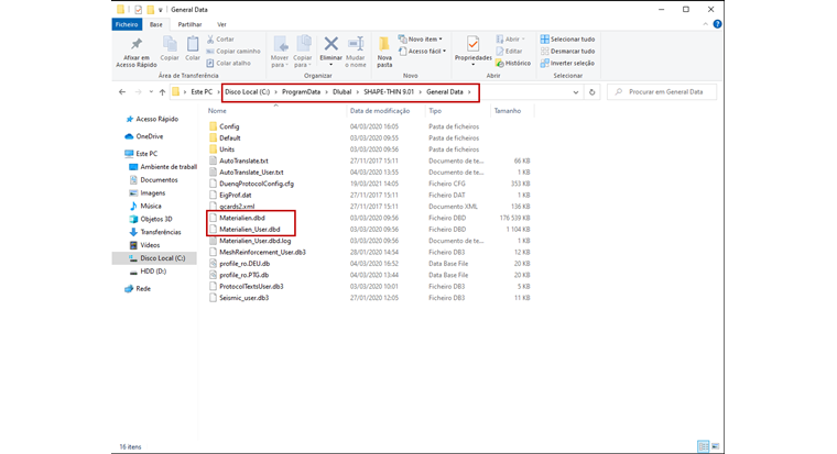 Ficheiros de material necessários para o SHAPE-THIN