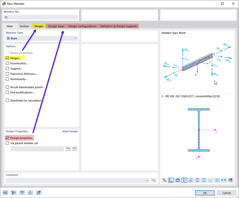 Diálogo de entrada 'Nova barra' com separadores para as propriedades de ligação e dimensionamento