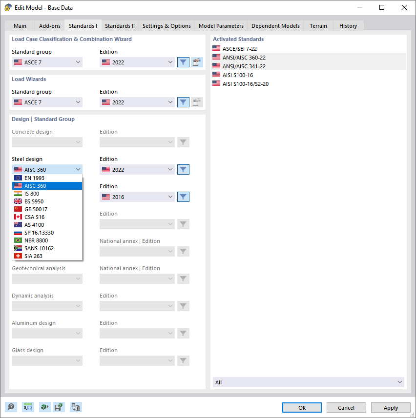 Selecionar norma para dimensionamento de aço