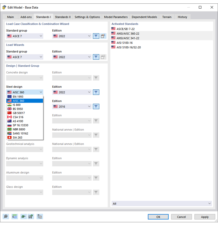 Selecionar norma para dimensionamento de aço