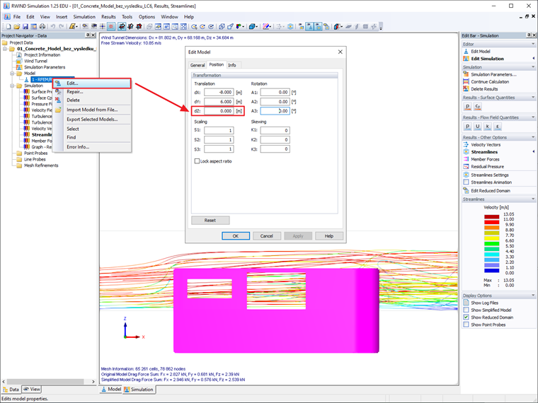 Pode influenciar a posição do modelo importado utilizando a caixa de diálogo "Editar modelo" diretamente no RWIND Simulation.