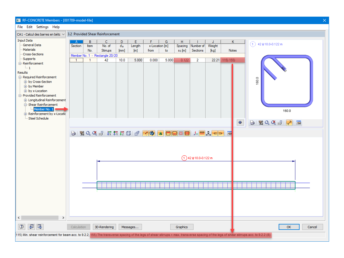 Aviso sobre o espaçamento máximo permitido para estribos