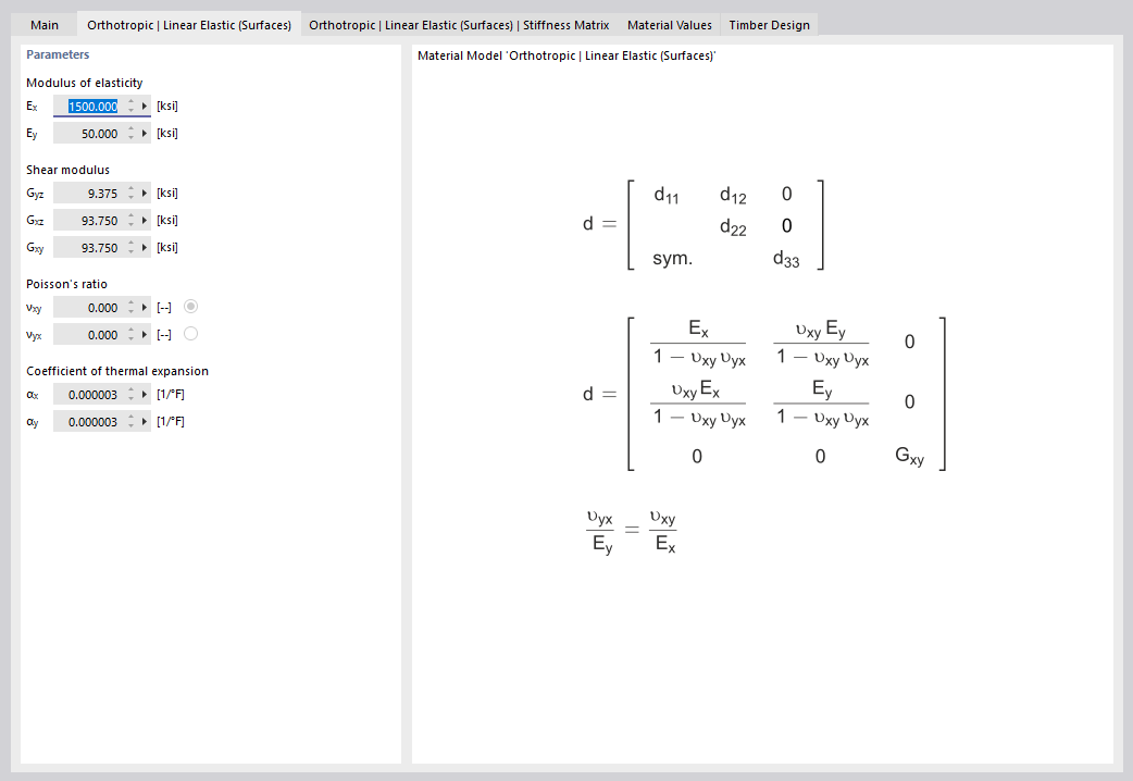 Matriz de rigidez para material elástico linear ortotrópico (superfícies)