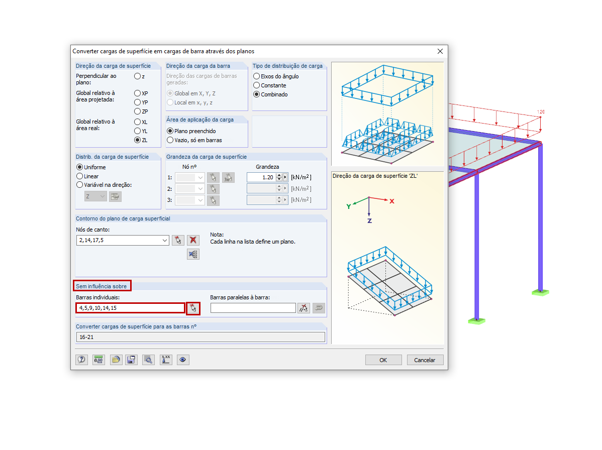 Cargas de superfície apenas na superfície efetiva das barras (por exemplo, sem efeito nas barras selecionadas)