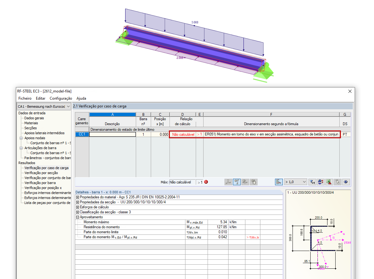 Indicação ao realizar o dimensionamento de uma secção assimétrica