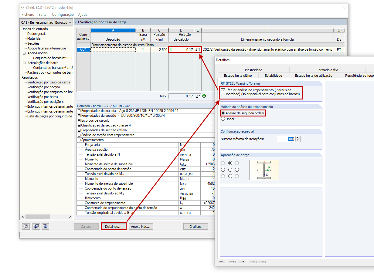Realização da verificação de estabilidade de acordo com a análise de segunda ordem como verificação de secções com o STEEL Warping Torsion