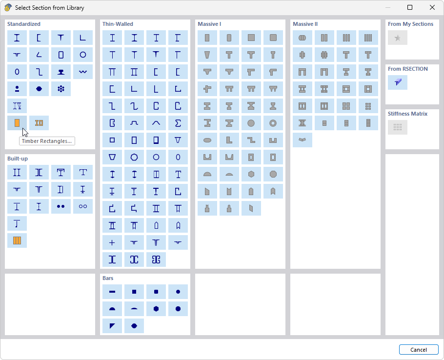 Biblioteca de secções com tipos de secção