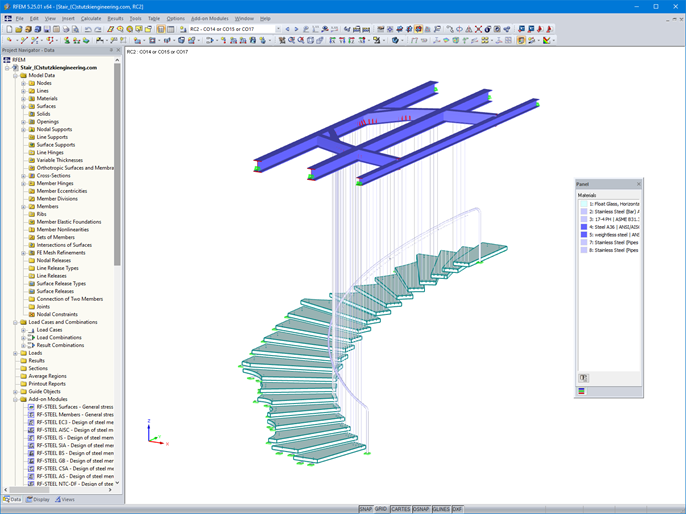 Modelo 3D da escada de vidro suspensa no RFEM (© Stutzki Engineering)