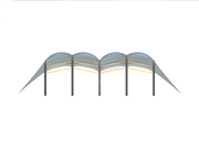 Pavilhão com cobertura de membrana, vista na direção do eixo X