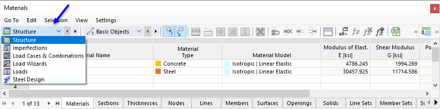 Tabela "Materiais" com a lista das categorias principais