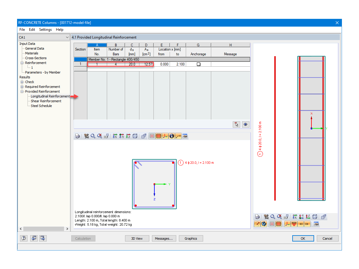 Armadura fornecida determinada pelo RF-CONCRETE Columns