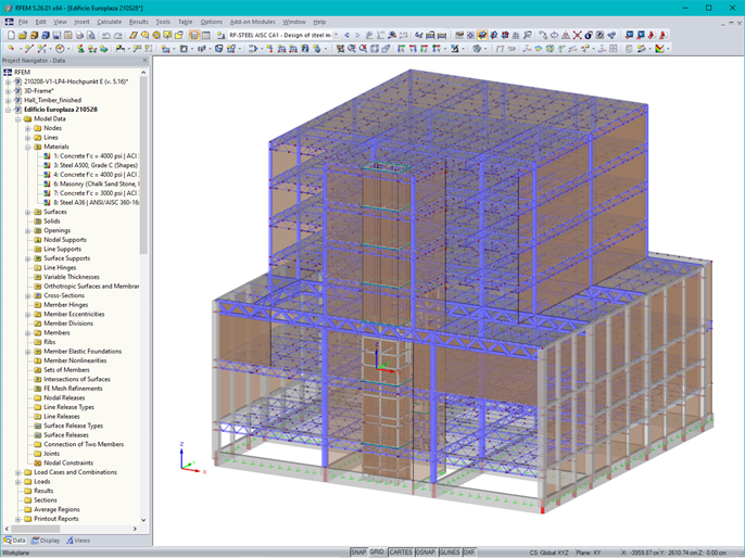 Modelo 3D do edifício de escritórios no RFEM (© Cosmos Proyectos Estructurales, S.A. de C.V.)