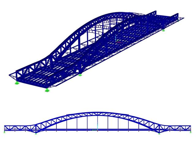 Modelo em 3D da estrutura de ponte no RFEM