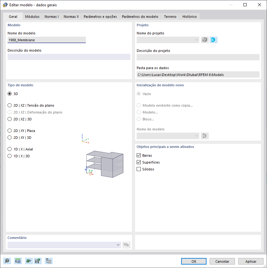 Seleção dos tipos de modelo 1D, 2D e 3D nos dados gerais