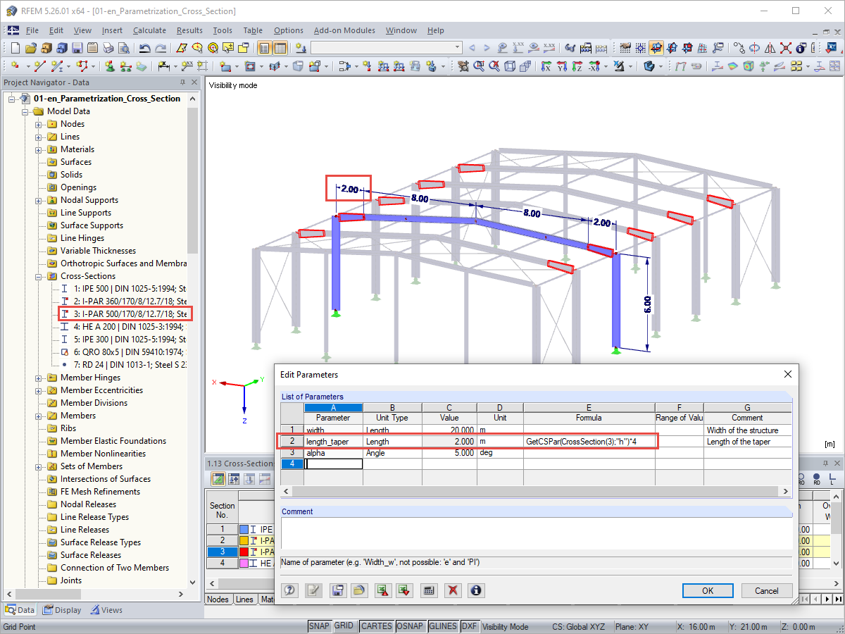 Parametrização do comprimento de secção em função da altura da secção