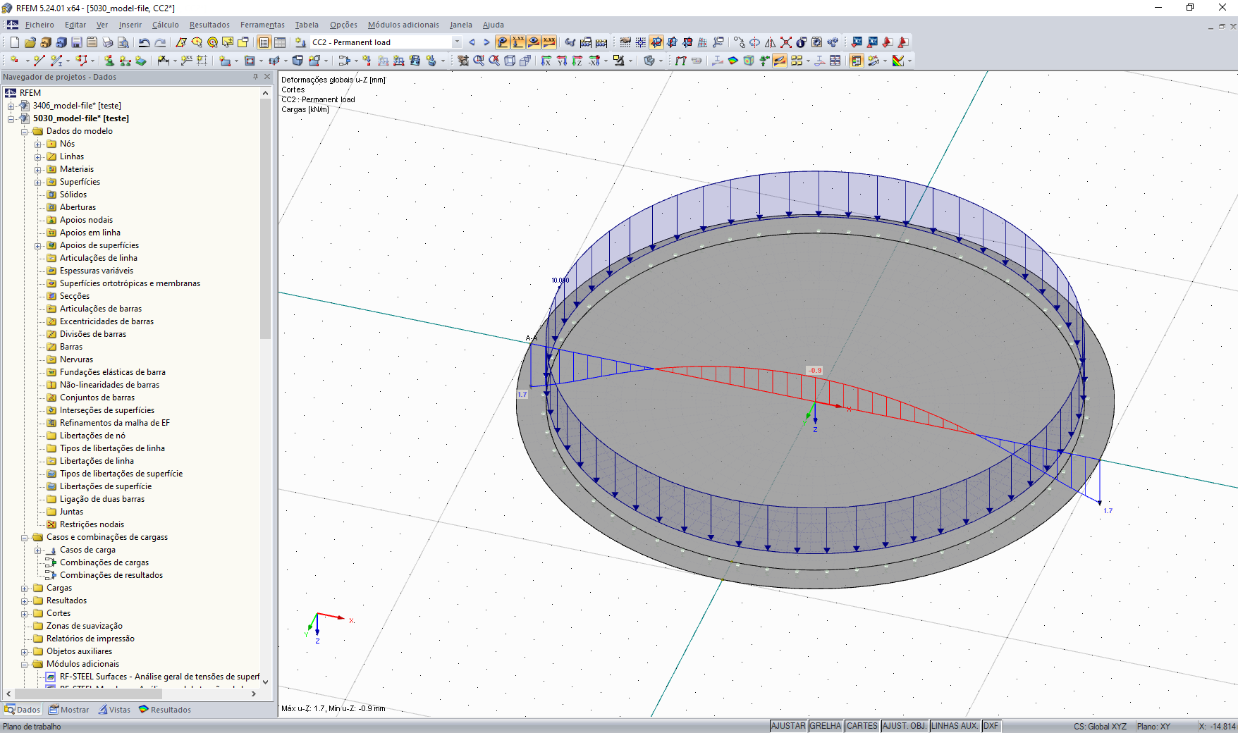 FAQ 005030 | Ao dimensionar uma laje de fundação sob um tanque circular, a tensão de contato no meio da superfície não é apresentada. Porquê?