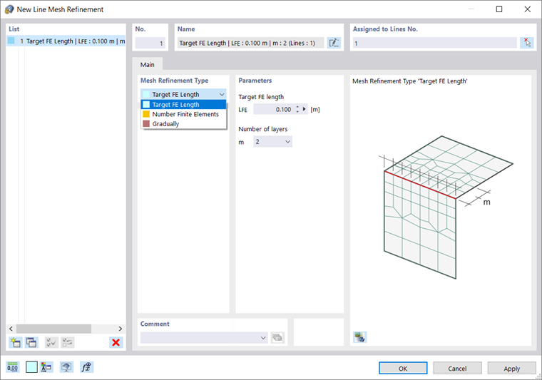 Caixa de diálogo "Refinamento da malha de nova linha"