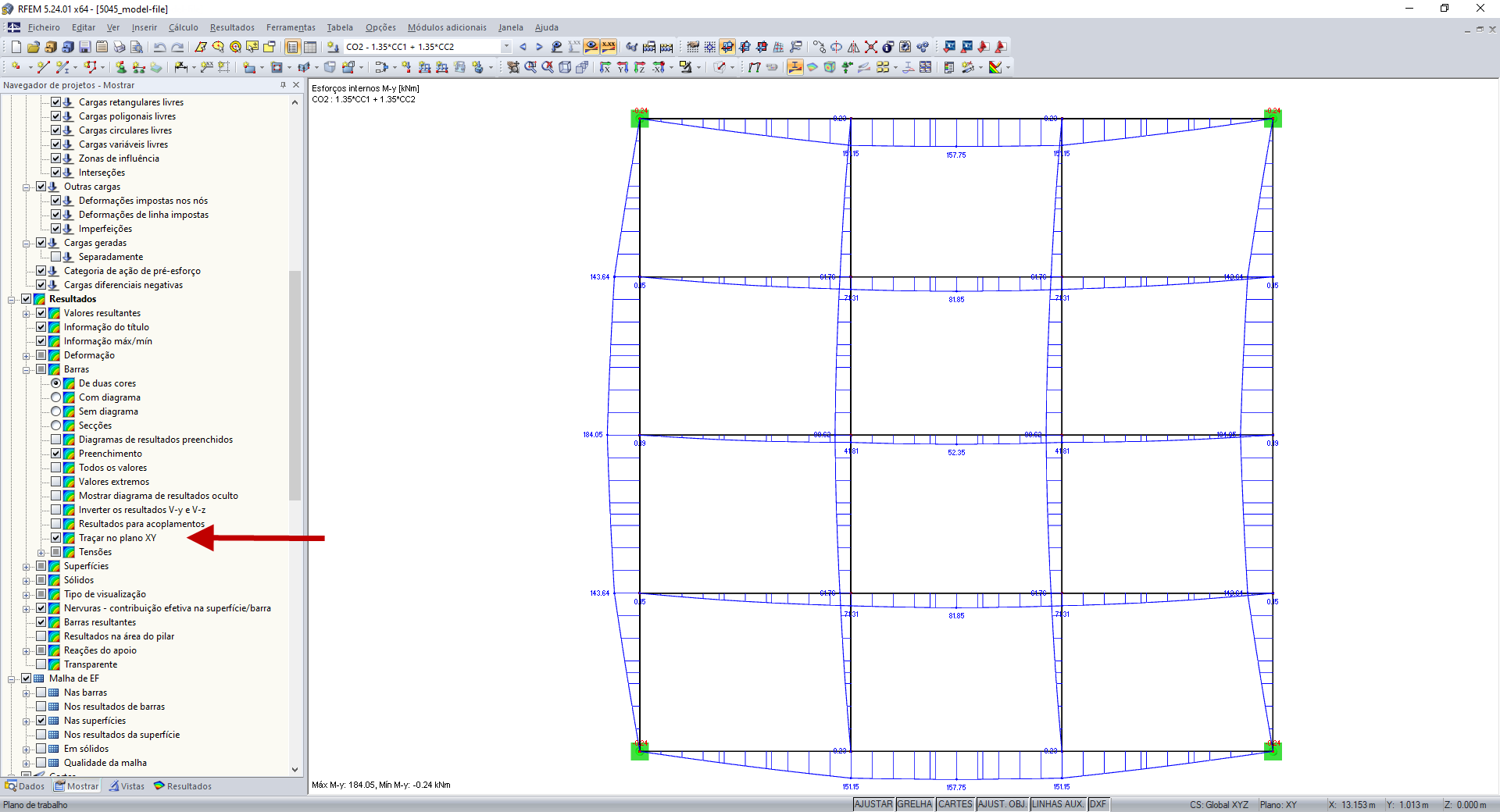 FAQ 005045 | Gostaria de avaliar os resultados das barras na vista superior. É possível obter os resultados traçados no plano XY?