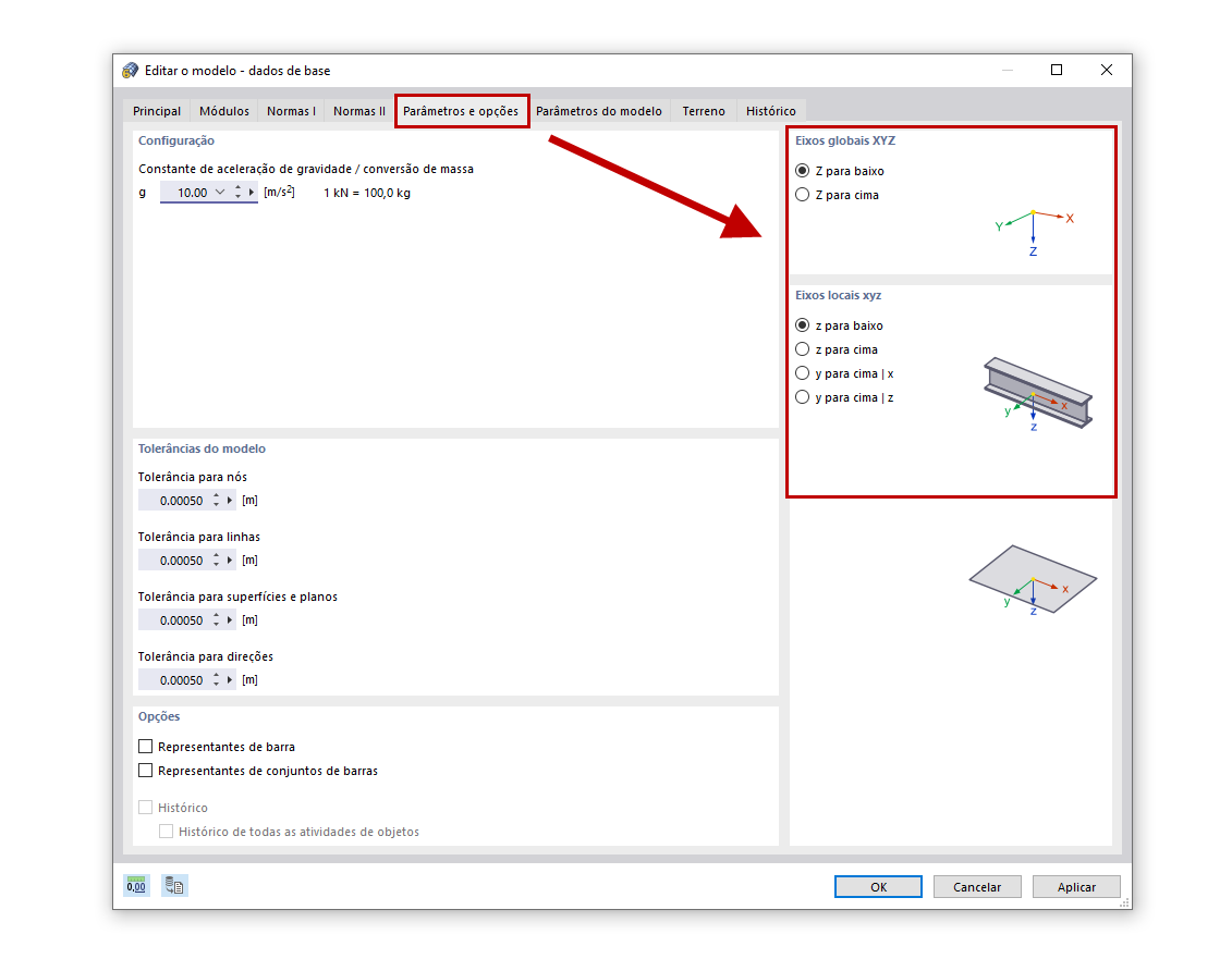 FAQ 005046 | Onde é que posso definir no programa se o eixo global Z e os eixos locais devem ser direcionados para baixo ou para cima?