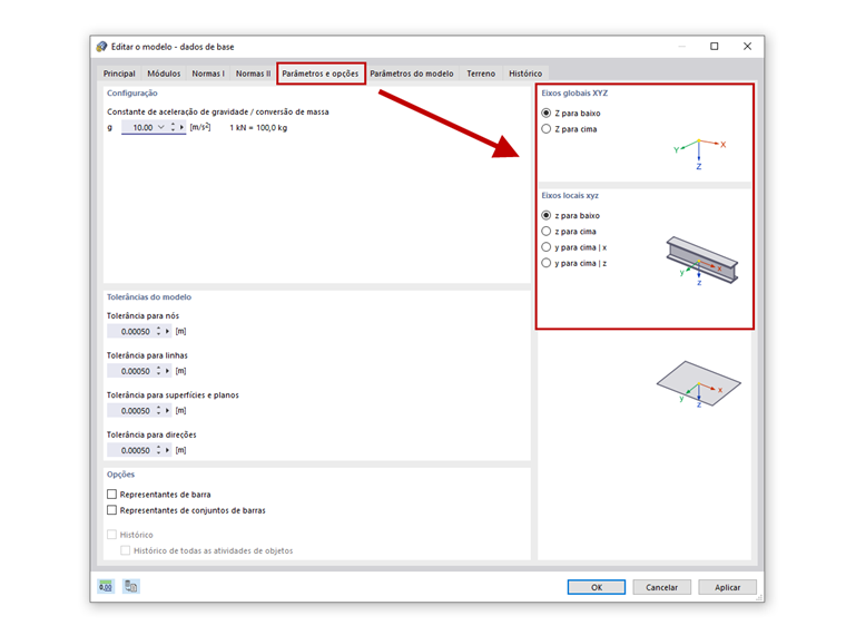 FAQ 005046 | Onde é que posso definir no programa se o eixo global Z e os eixos locais devem ser direcionados para baixo ou para cima?