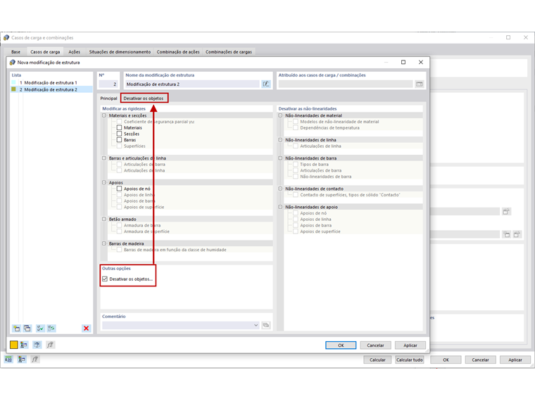 FAQ 005052 | Como é que posso desativar determinados objetos, tais como barras, superfícies e apoios por caso de carga?