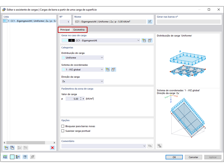 FAQ 005053 | Quais são as opções disponíveis para distribuir cargas de superfície como cargas de barra sobre as barras de uma estrutura de barras plana?