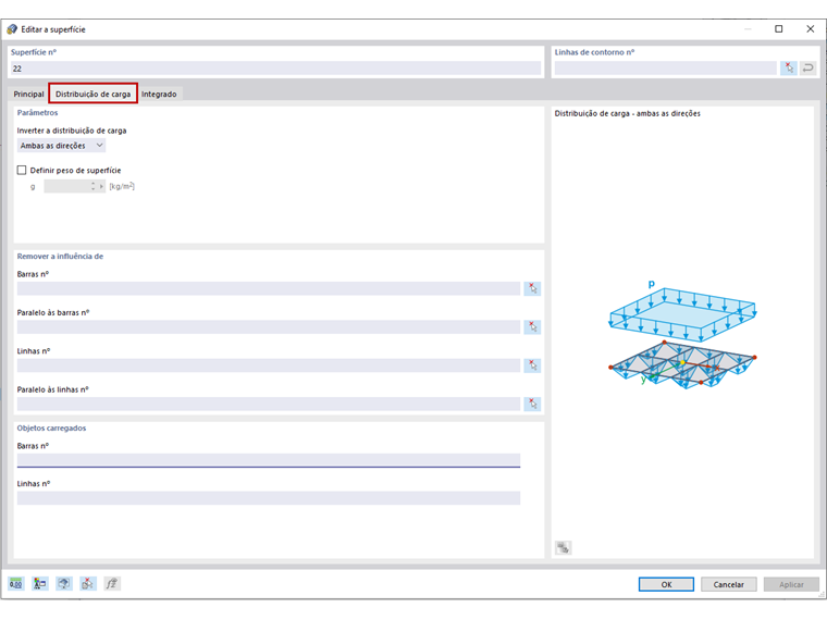 FAQ 005053 | Quais são as opções disponíveis para distribuir cargas de superfície como cargas de barra sobre as barras de uma estrutura de barras plana?