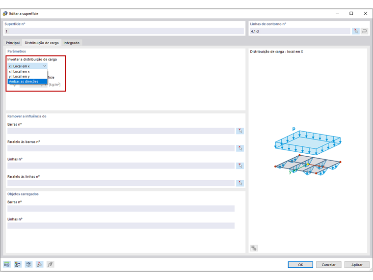 FAQ 005057 | Tenho uma grelha de vigas com barras nas direções X e Y. Após aplicar uma carga utilizando o tipo de superfície "Distribuição de carga", as barras apenas são carregadas numa direção