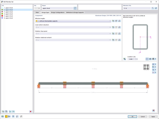 Tabela para a modificação de conjuntos de barras, com foco em tipos de dimensionamento e secções de alumínio.