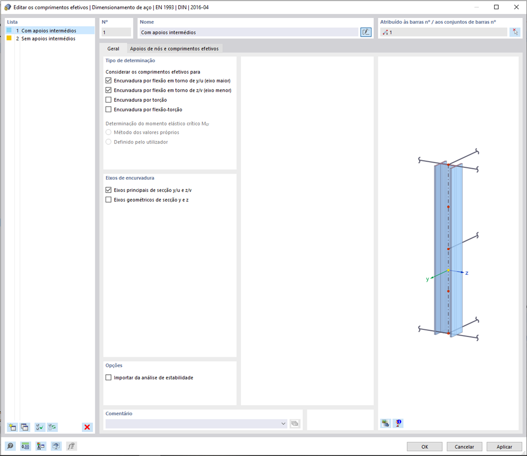 Tabela de comprimentos de encurvadura para barras de alumínio com dados básicos para determinação da estabilidade.