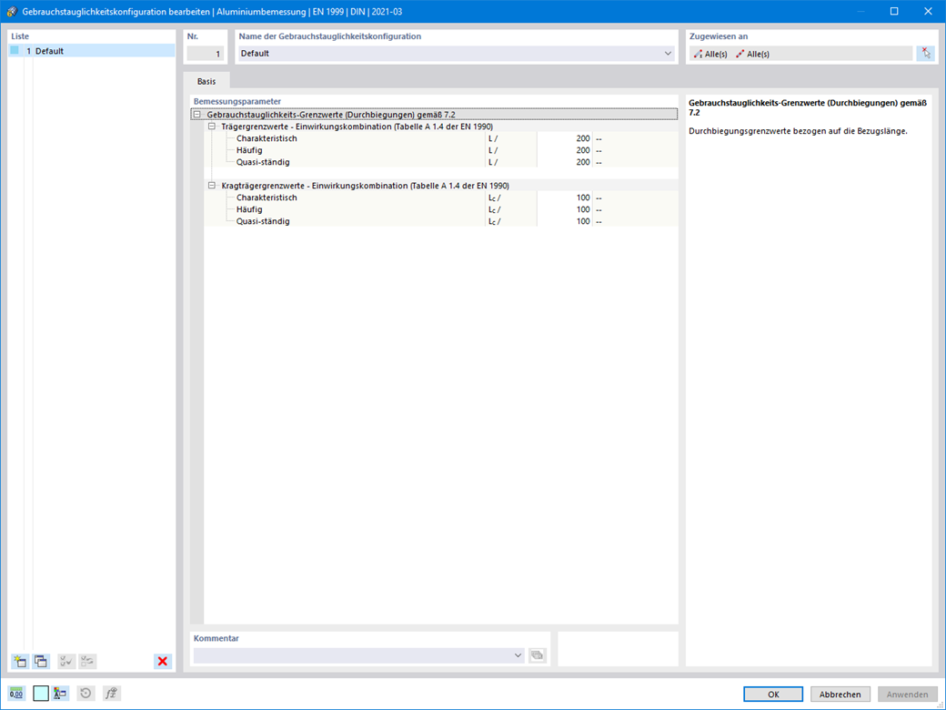 Configuração de parâmetros para dimensionamento de elementos de alumínio