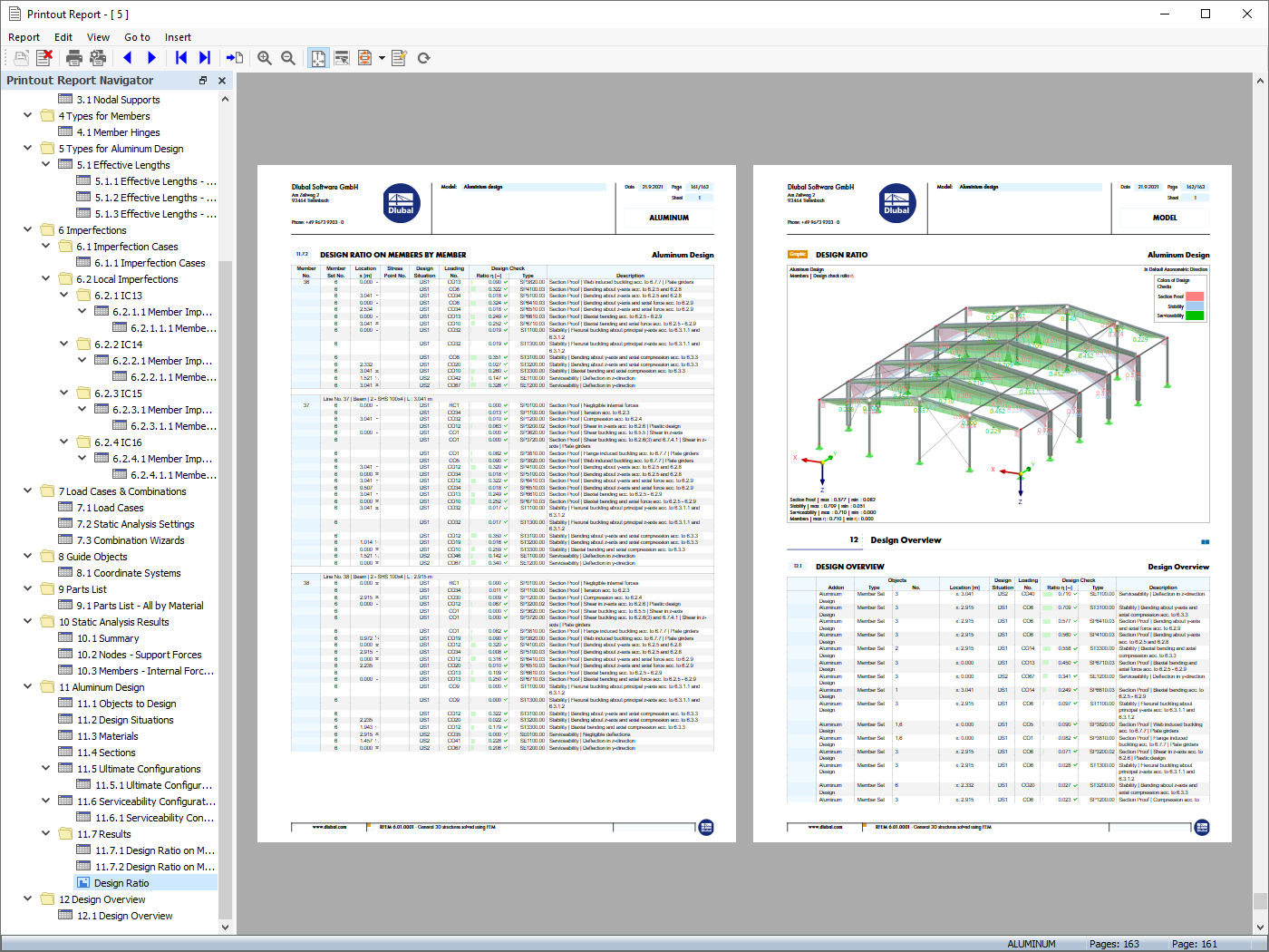 Resultados do dimensionamento de alumínio e estado limite de utilização na lista de impressão do RFEM/RSTAB