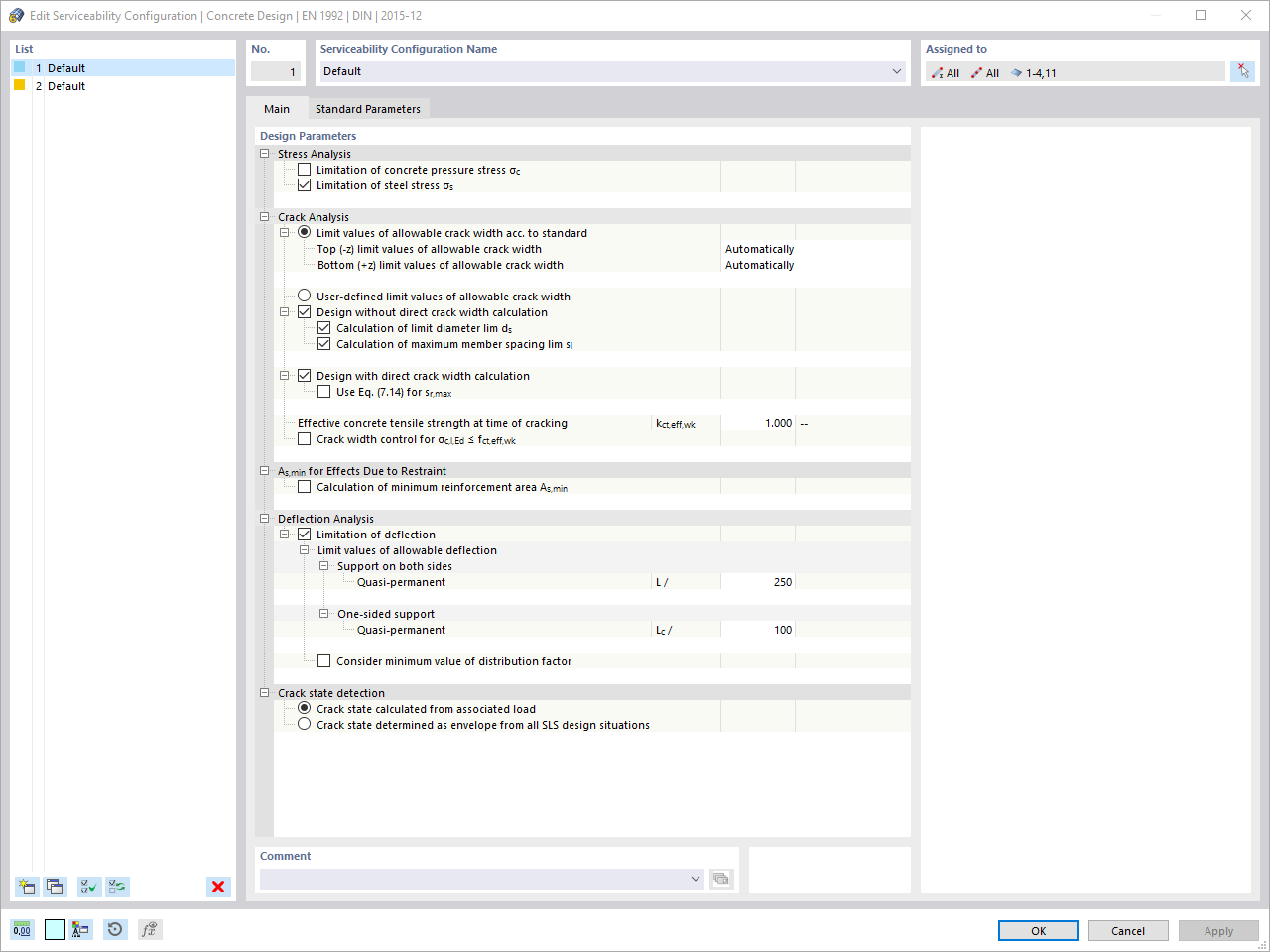 Vista da configuração de serviço para deformação do betão no ambiente do RFEM 6.
