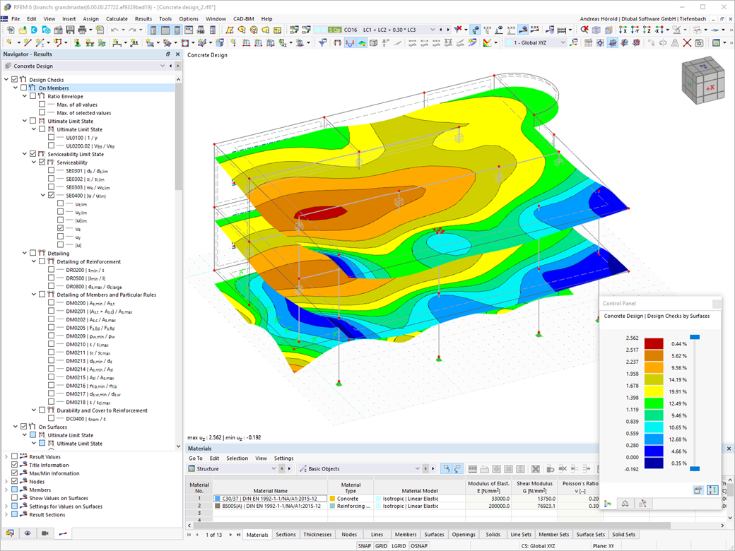 Representação de deformação no estado limite de utilização para dimensionamento de betão em software de engenharia civil.