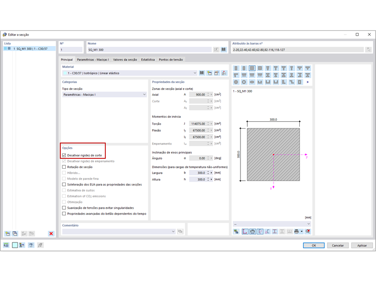 FAQ 005073 | Como é que posso desativar a consideração da rigidez ao corte para o cálculo de uma secção?