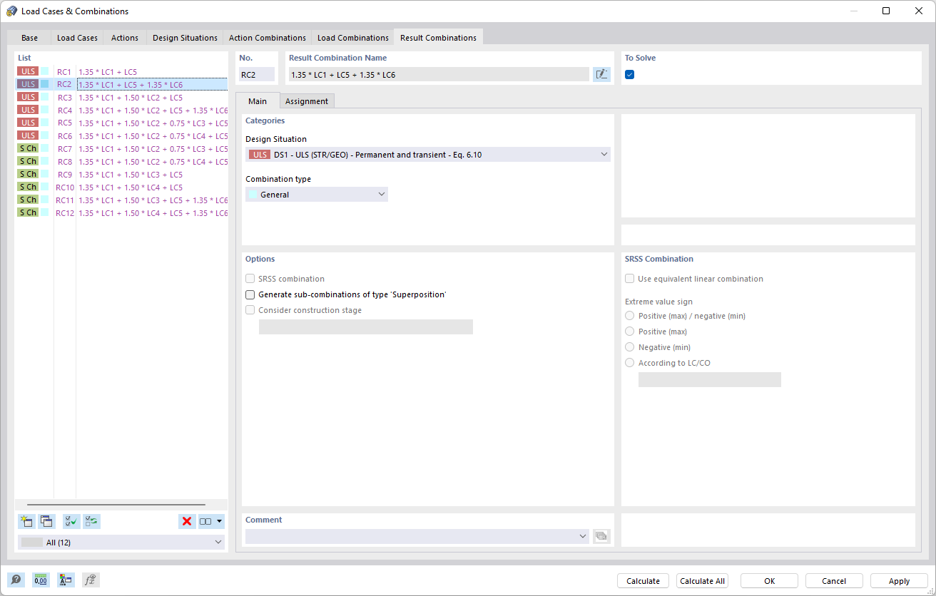 Caixa de diálogo "Casos de carga e combinações", separador "Combinações de resultados"