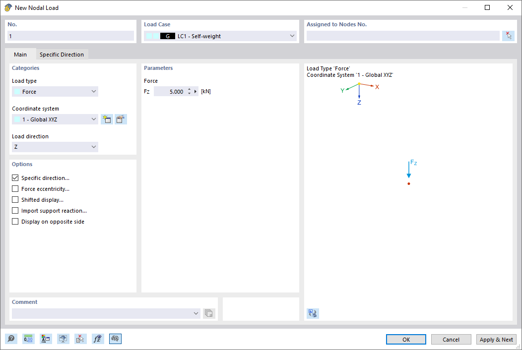 Diálogo "Nova carga nodal"