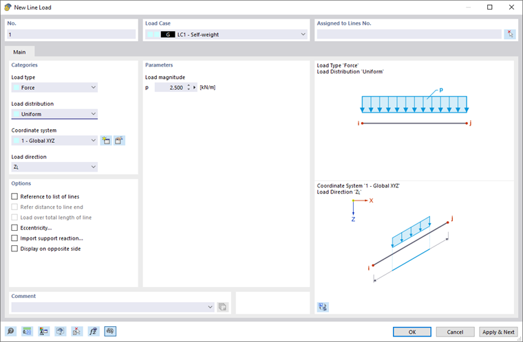 Caixa de diálogo "Nova carga de linha"