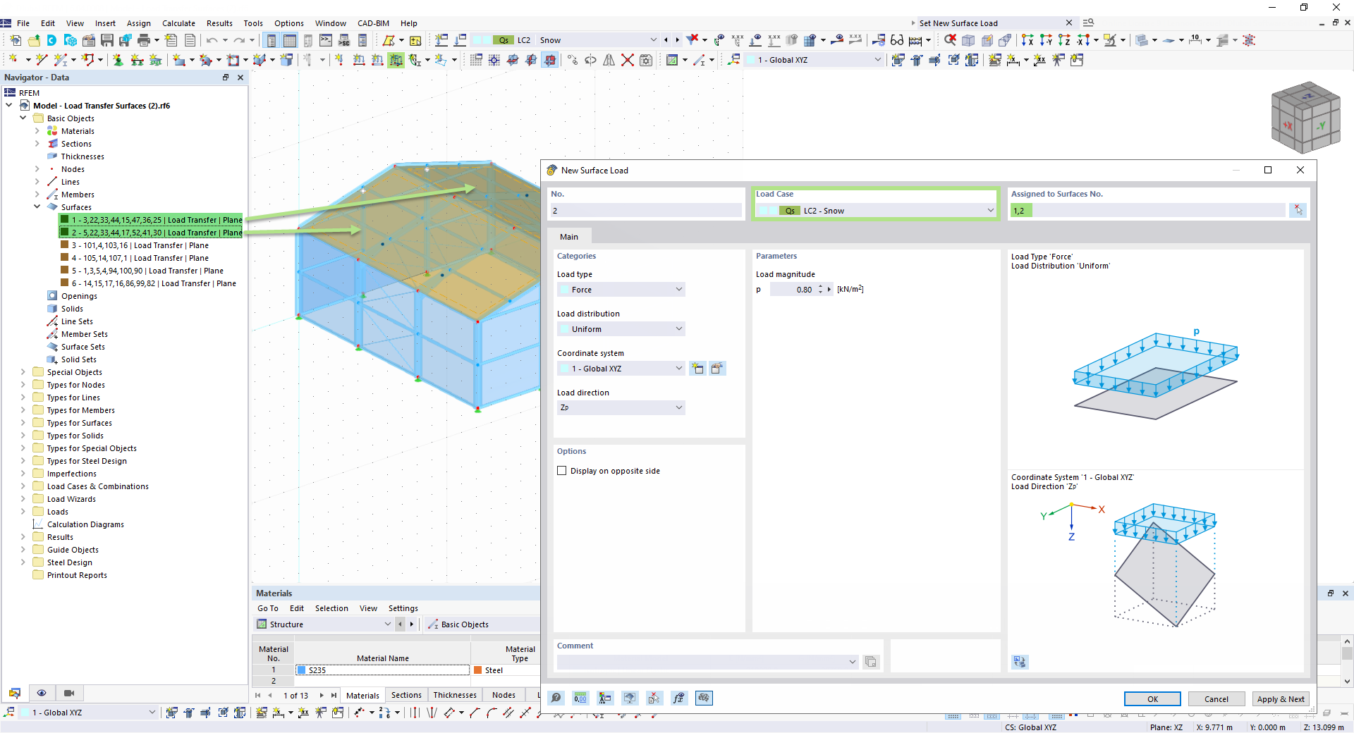 Carga de neve através de superfícies de transferência de carga